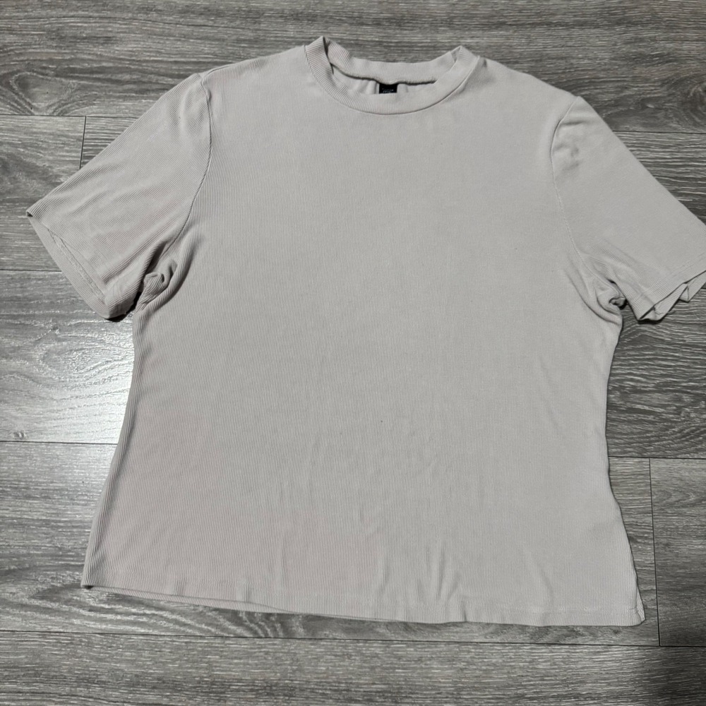 Minimalist Women 4XL Top Taupe Ribbed Short Sleeve Crew Neck Basic Tee Stretchy